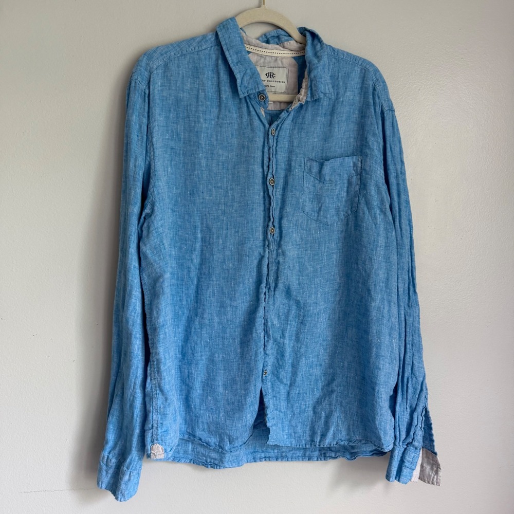 Report Collection Mens XXL Light Blue 100% Linen Long Sleeve Button Down Shirt